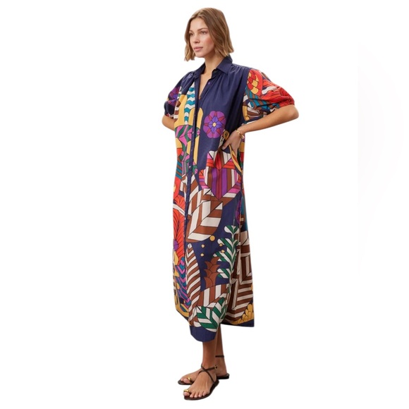 Carolina K- Valerie Pleated Kaftan Vibrant Multicolor Midi Dress Size Small - Picture 3 of 8